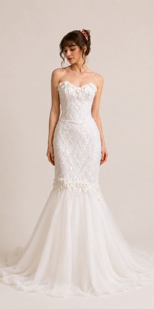 STRAPLESS 3D FLORAL MERMAID WEDDING DRESS
