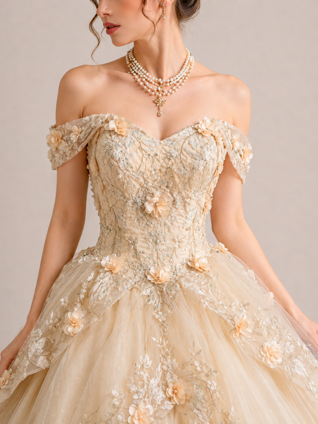 OFF-SHOULDER 3D FLORAL BALL GOWN WEDDING DRESS