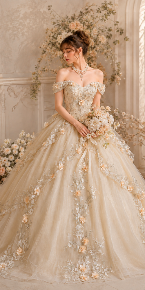 OFF-SHOULDER 3D FLORAL BALL GOWN WEDDING DRESS