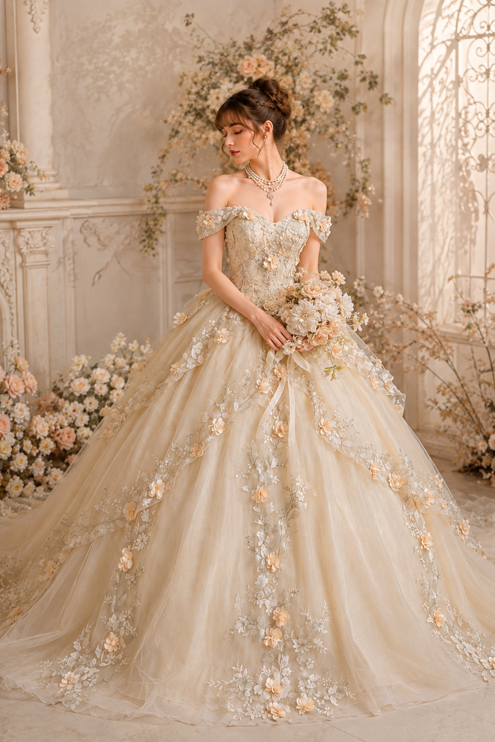 OFF-SHOULDER 3D FLORAL BALL GOWN WEDDING DRESS
