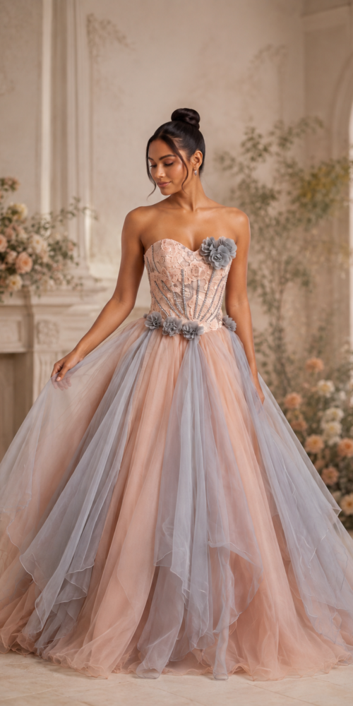 PEACH TULLE BALLGOWN FLORAL PROM DRESS