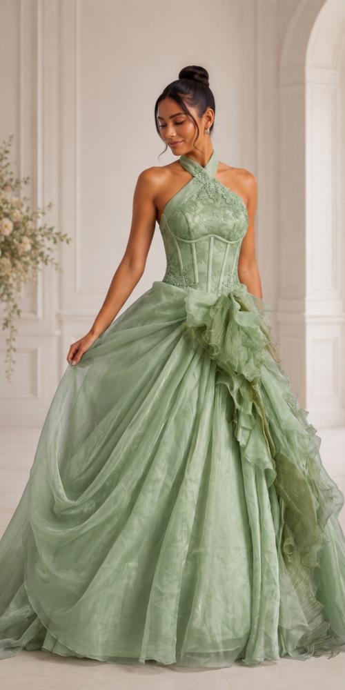 SAGE GREEN ORGANZA BALLGOWN PROM DRESS LACE RUFFLE