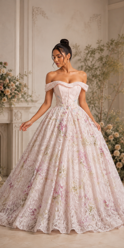 PALE PINK FLORAL LACE BALLGOWN PROM DRESS