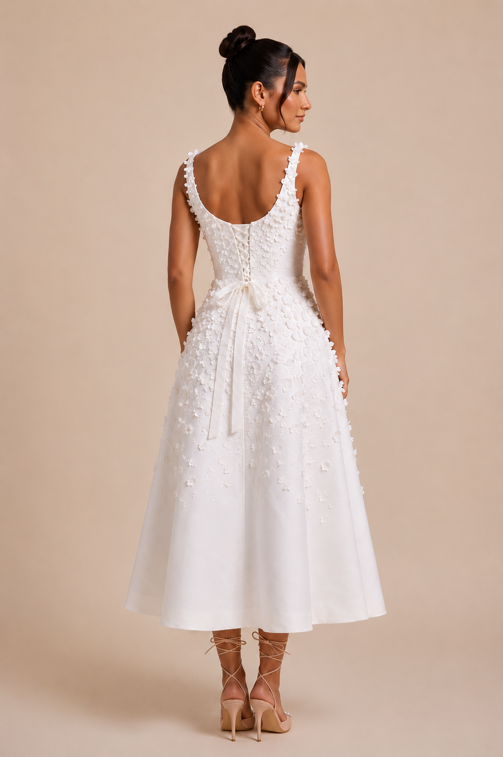 WHITE SATIN A-LINE MIDI DRESS | 3D FLORAL WEDDING GUEST