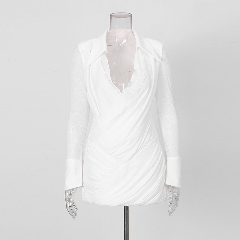 WHITE BODYCON WRAP MINI DRESS – SEMI-SHEER KNIT COCKTAIL