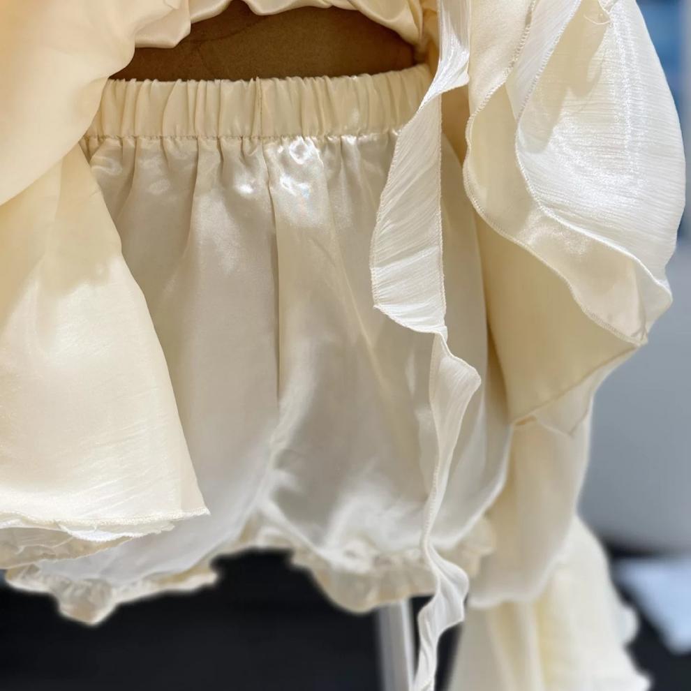 IVORY CHIFFON BLOUSON MINI DRESS – FLARE SKIRT