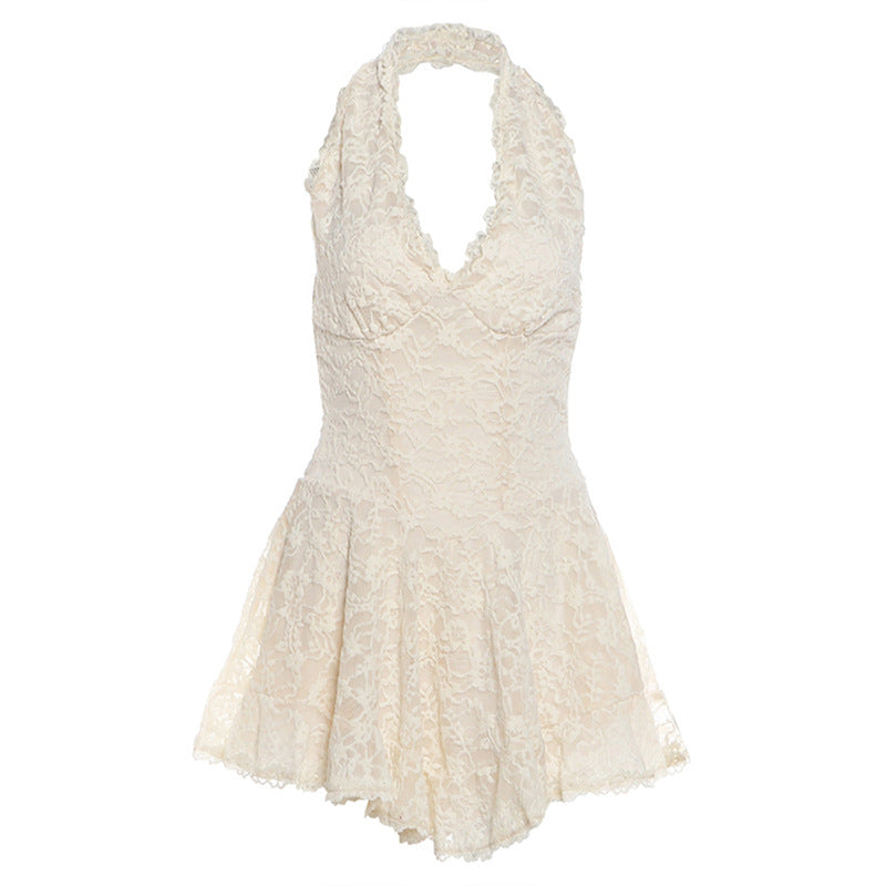 IVORY LACE FIT-AND-FLARE BACKLESS WEDDING PLAYSUIT