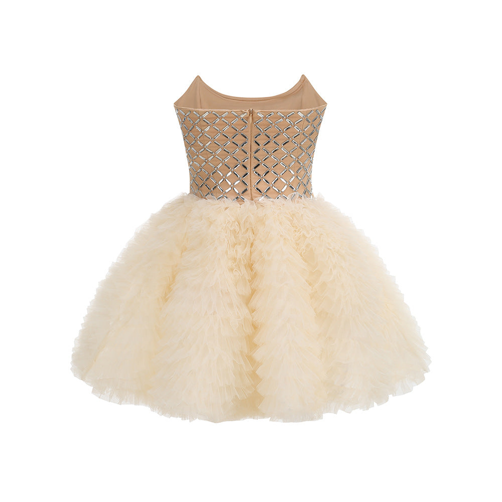 CHAMPAGNE TULLE FIT-AND-FLARE MINI DRESS