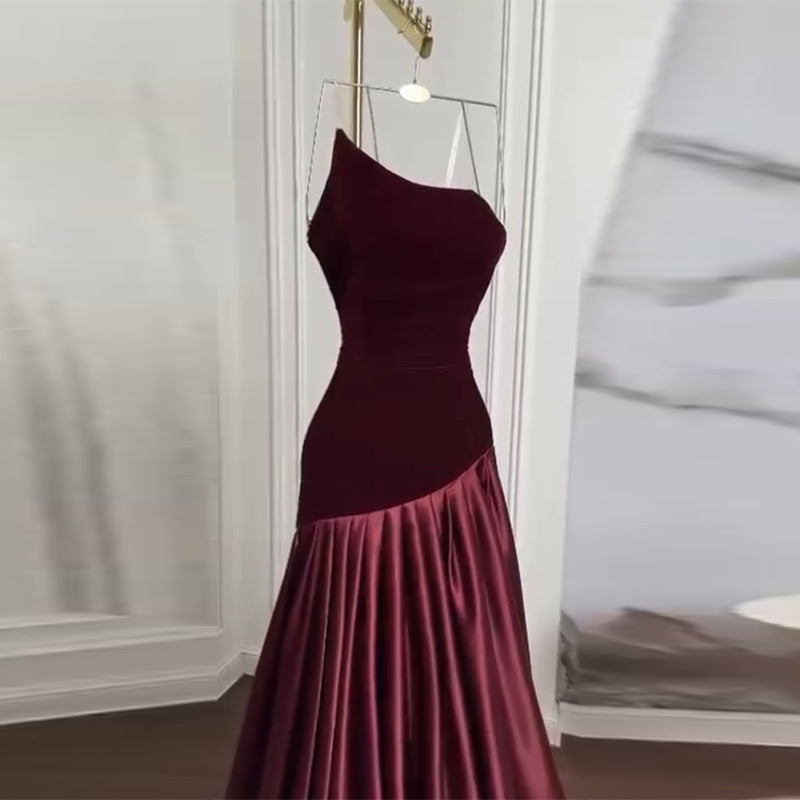 BURGUNDY VELVET ASYMMETRIC A-LINE GOWN – FORMAL