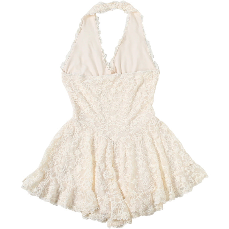 IVORY LACE FIT-AND-FLARE BACKLESS WEDDING PLAYSUIT