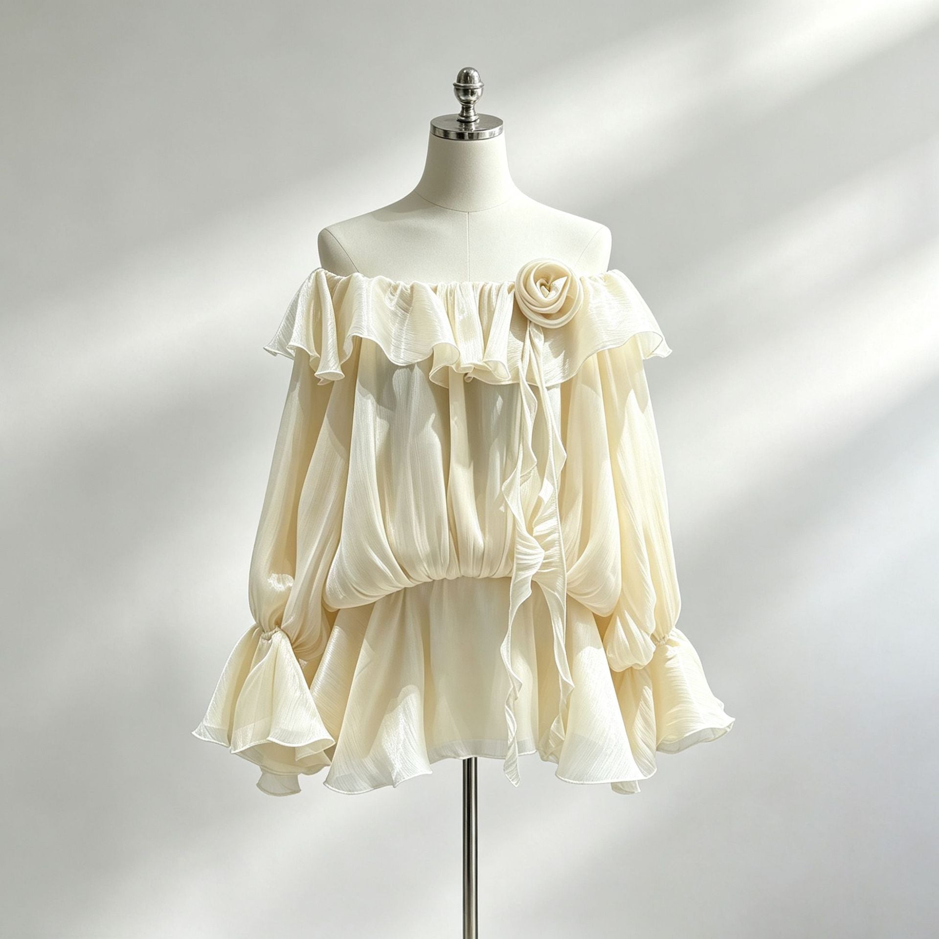 IVORY CHIFFON BLOUSON MINI DRESS – FLARE SKIRT