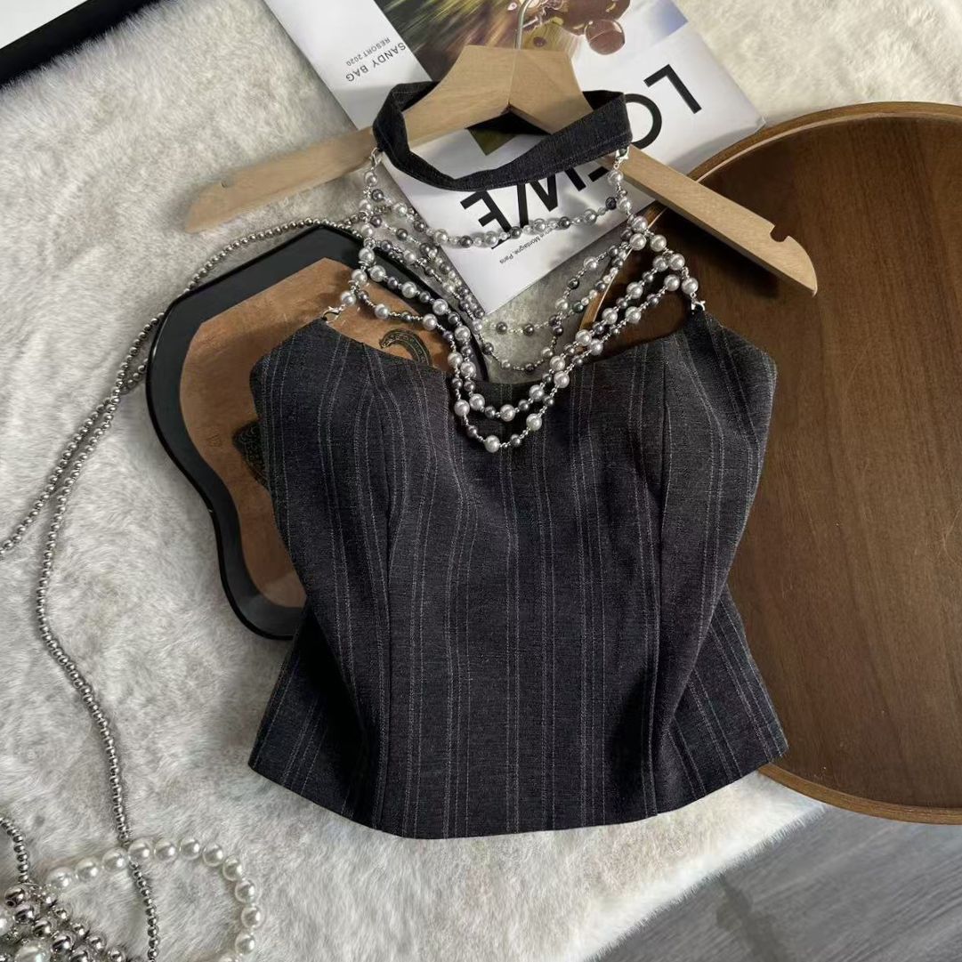 DARK GREY PINSTRIPE HALTER CORSET TOP - PARTY