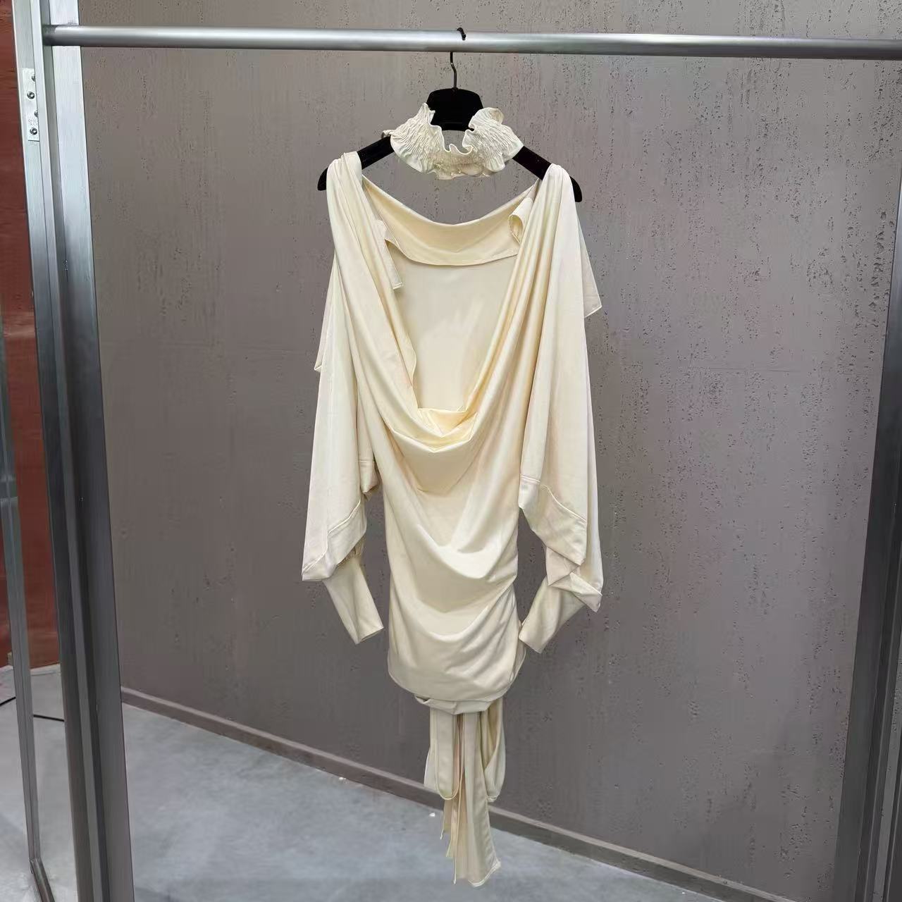 O1CN01DRKVmy1kgbmkSugkM__2206975144713-0-cib CREAM SATIN COWL BACK DRESS | RUCHED BLOUSON SKIRT