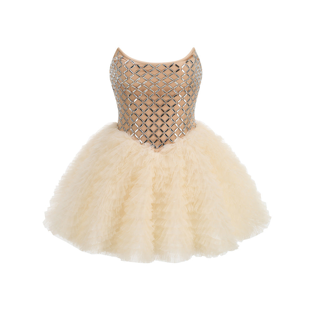 CHAMPAGNE TULLE FIT-AND-FLARE MINI DRESS