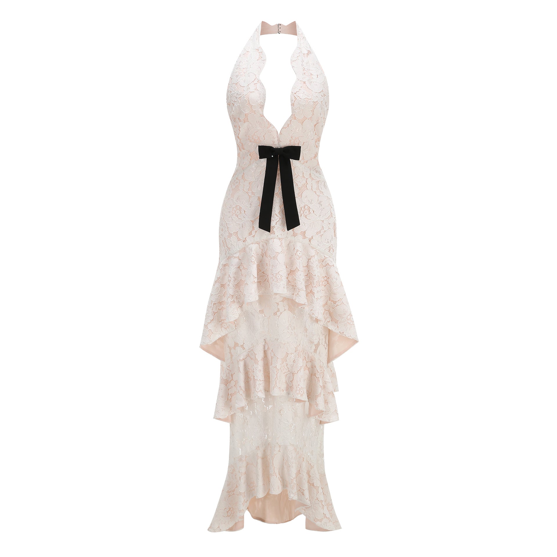 PINK FLORAL LACE HALTER MAXI GOWN – WEDDING GUEST