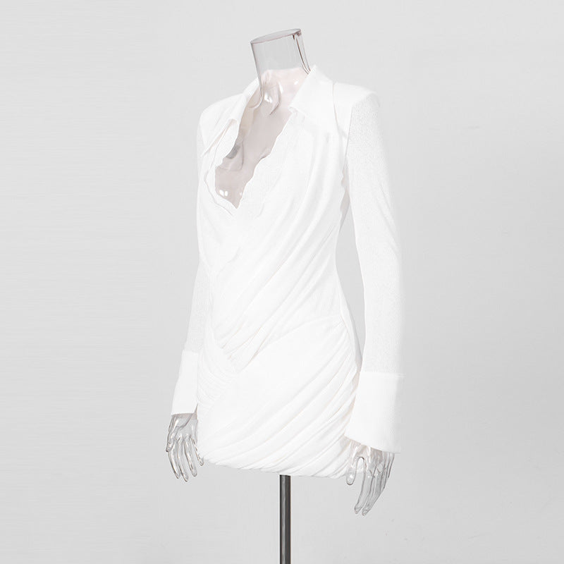 WHITE BODYCON WRAP MINI DRESS – SEMI-SHEER KNIT COCKTAIL