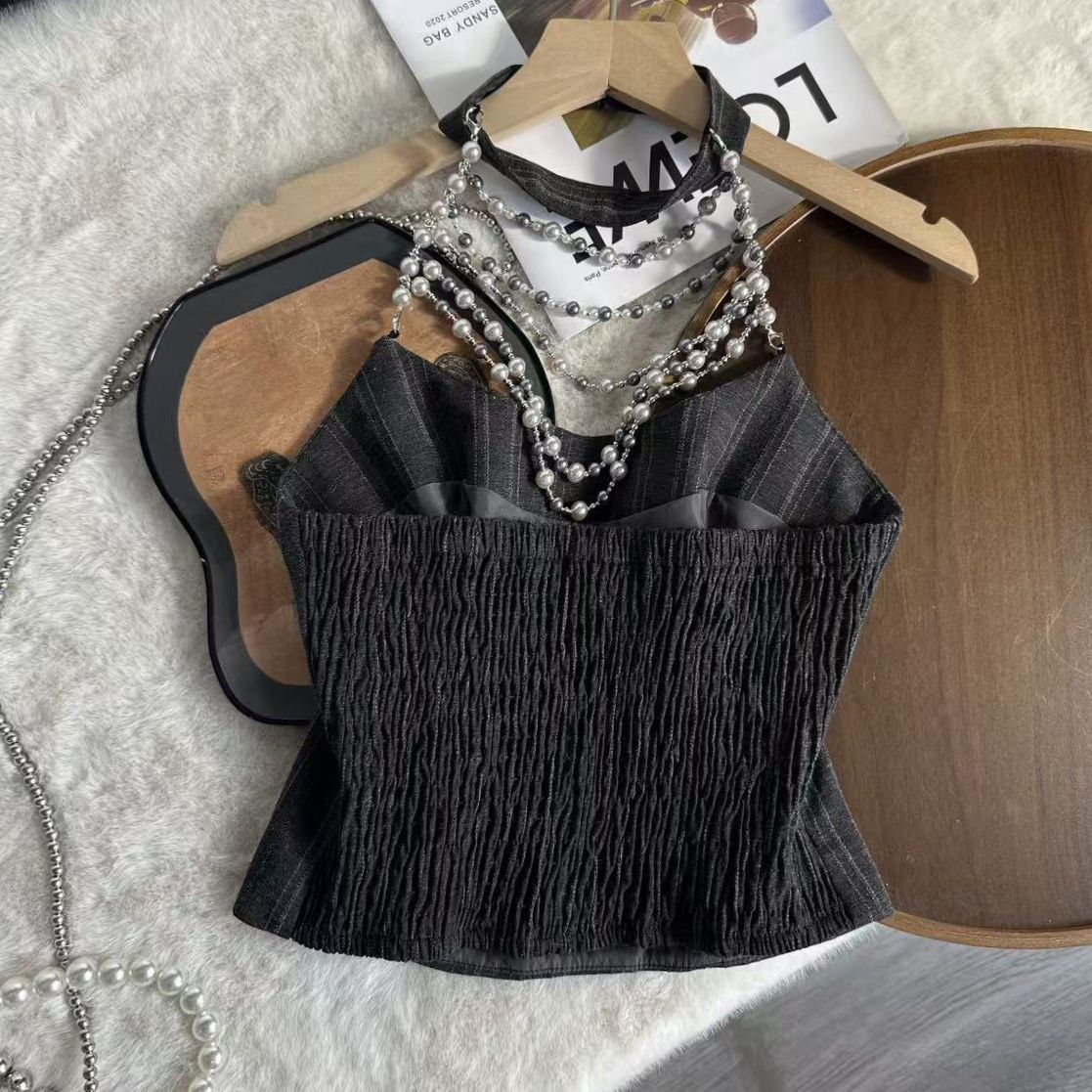 DARK GREY PINSTRIPE HALTER CORSET TOP - PARTY