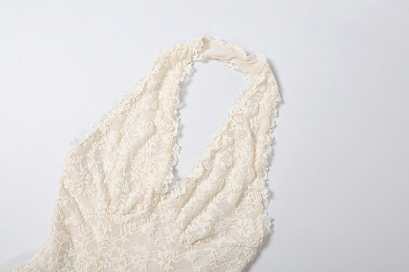 IVORY LACE FIT-AND-FLARE BACKLESS WEDDING PLAYSUIT
