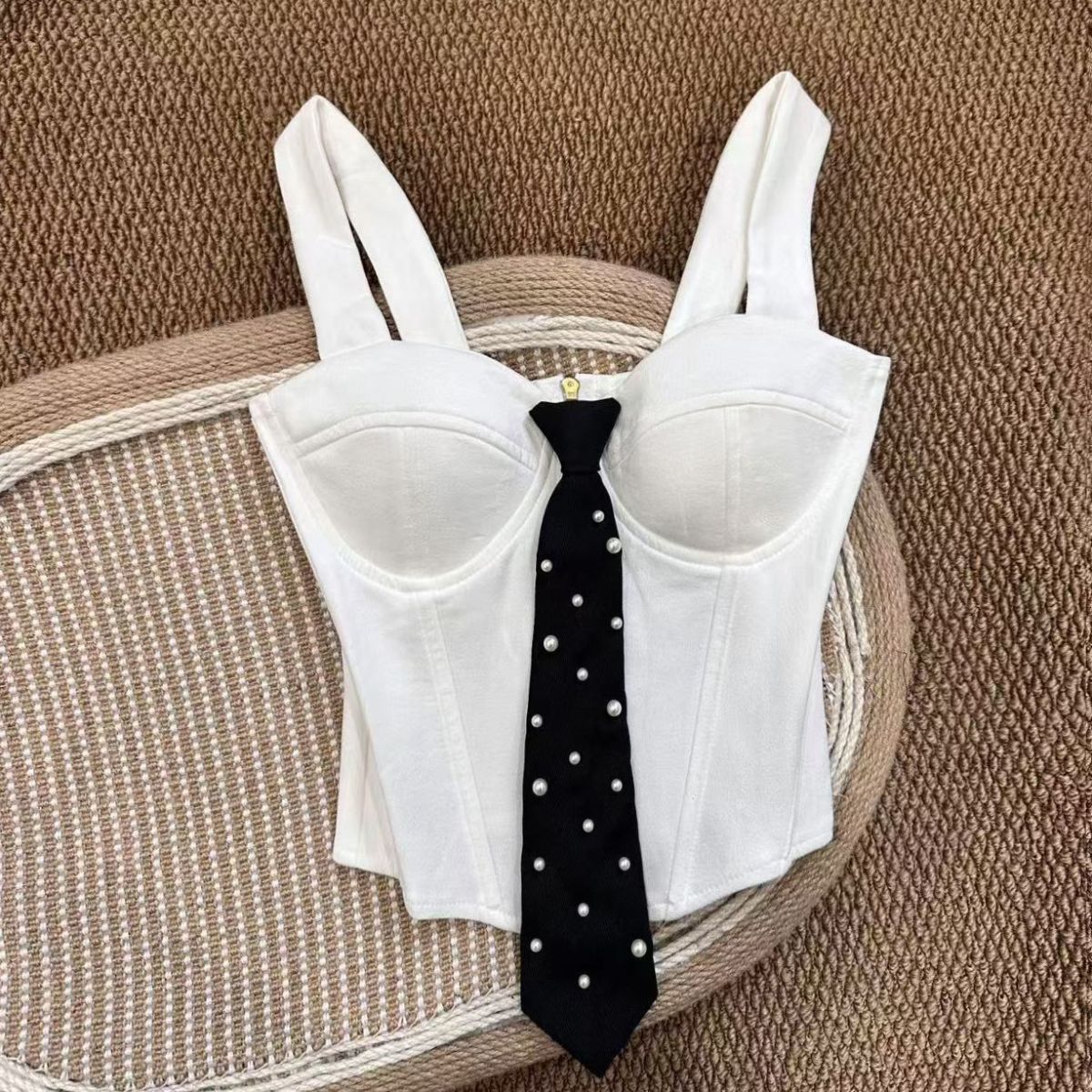 O1CN01YGdbGn1Eaat9TE4AK__2220923270368-0-cib WHITE CORSET BUSTIER TOP PEARL NECKTIE FORMAL