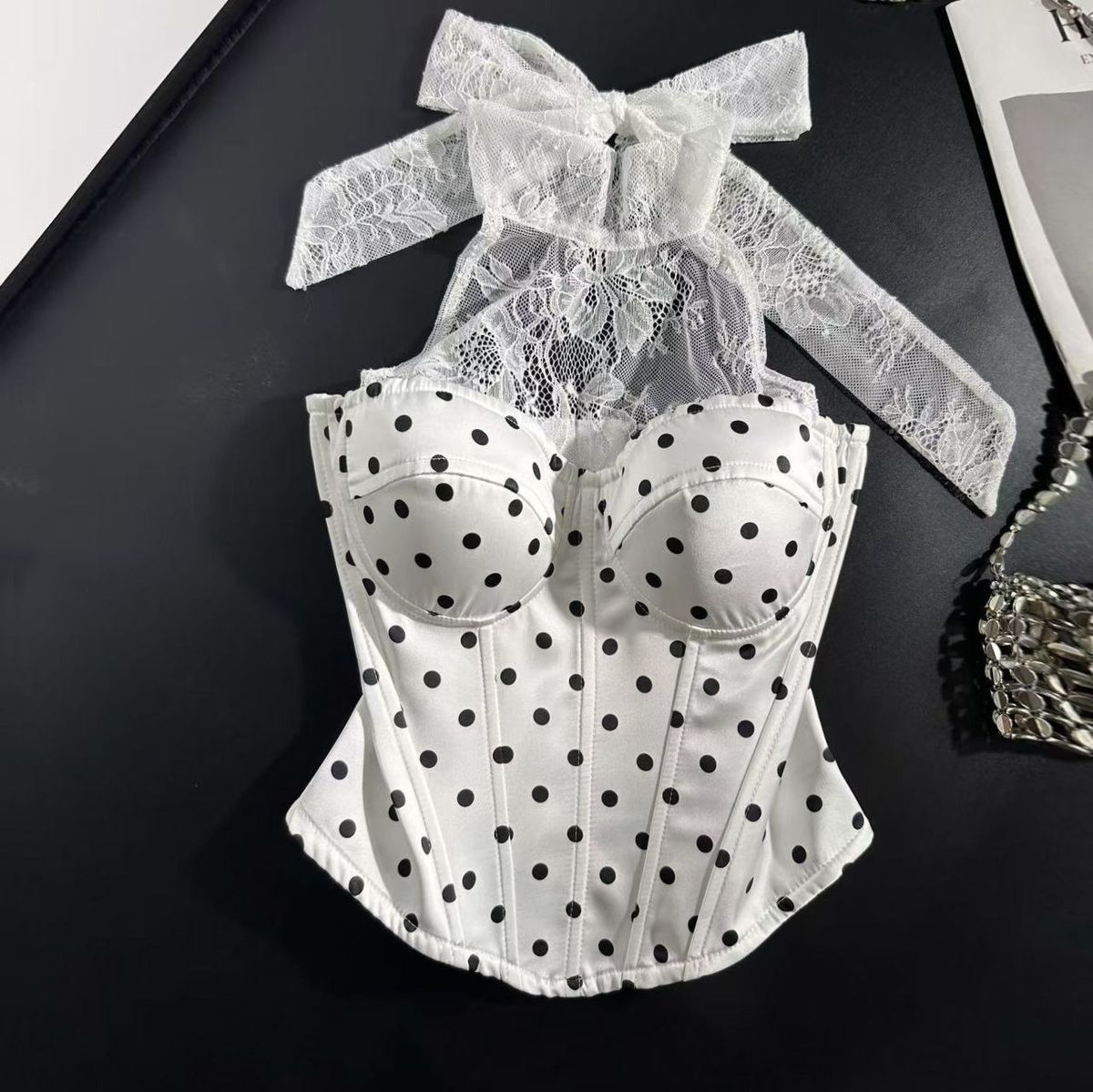 O1CN01ZwOdAhvAlLF2R3rr__2220923270368-0-cib WHITE POLKA DOT LACE HALTER CORSET TOP