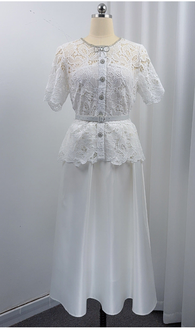 WHITE LACE A-LINE TWO-PIECE MIDI DRESS