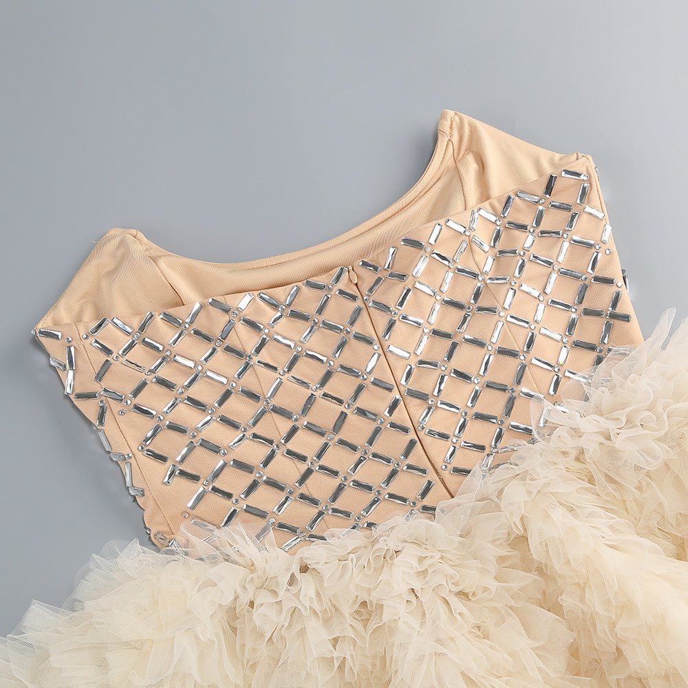 CHAMPAGNE TULLE FIT-AND-FLARE MINI DRESS
