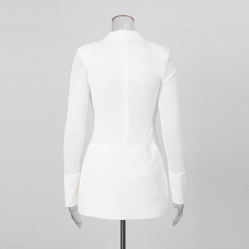 WHITE BODYCON WRAP MINI DRESS – SEMI-SHEER KNIT COCKTAIL