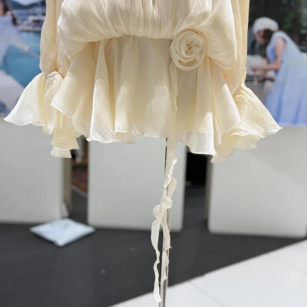 IVORY CHIFFON BLOUSON MINI DRESS – FLARE SKIRT