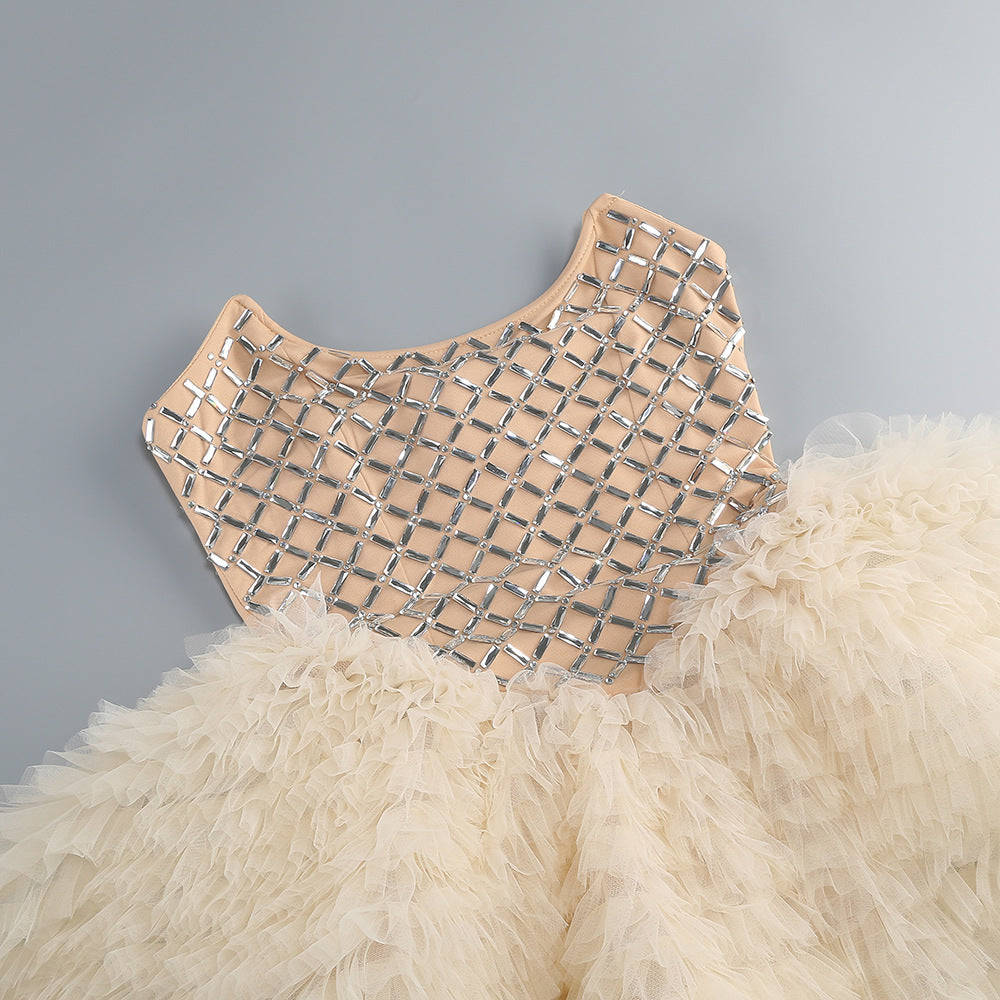 CHAMPAGNE TULLE FIT-AND-FLARE MINI DRESS