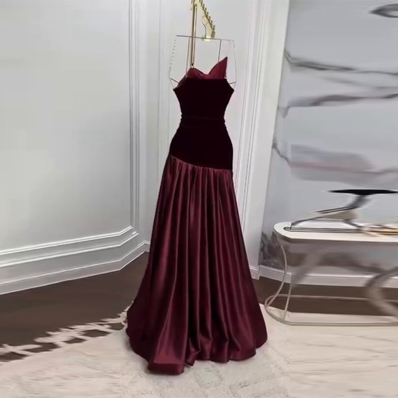 BURGUNDY VELVET ASYMMETRIC A-LINE GOWN – FORMAL