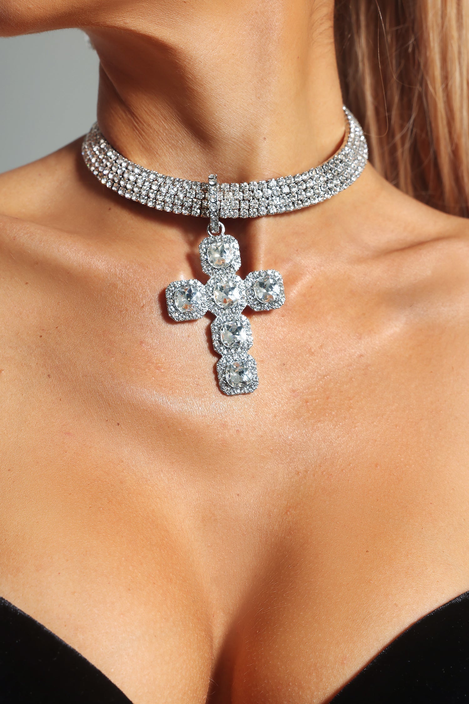 Sally-Diamante-Cross-Necklace-2 DIAMANTE CROSS CHOKER NECKLACE - PARTY & EVENING