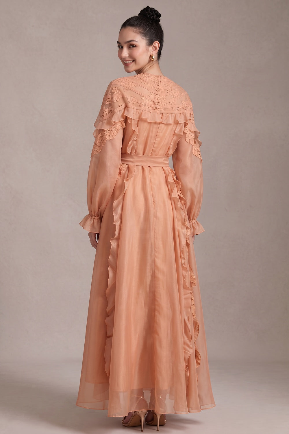 a06fe82f56e4bdab PEACH SHEER ORGANZA A-LINE MAXI DRESS FOR WEDDINGS