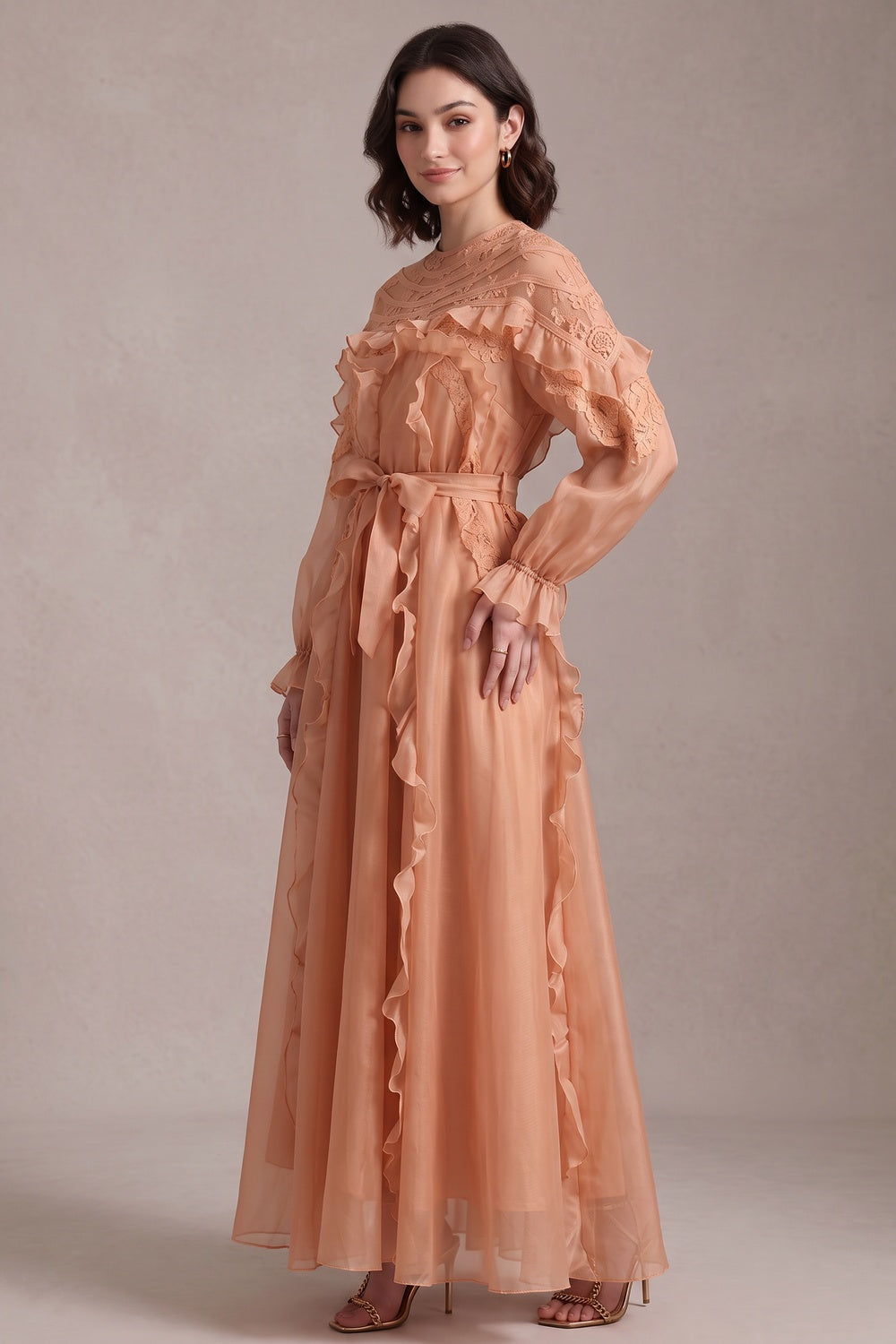a1d71b0311f9b823 PEACH SHEER ORGANZA A-LINE MAXI DRESS FOR WEDDINGS
