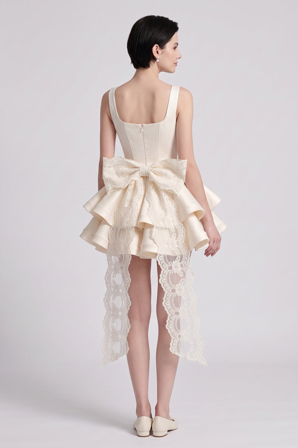 CREAM SATIN FIT-AND-FLARE MINI DRESS – RUFFLE PARTY