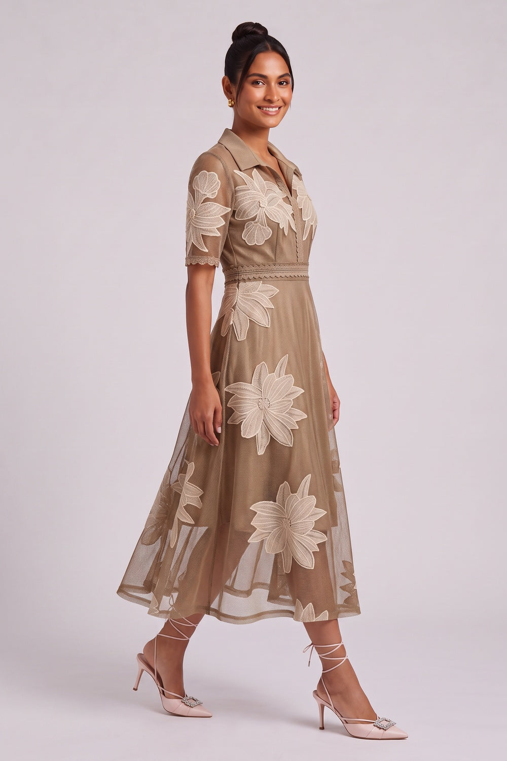 a24836cfb432a9b5 TAUPE TULLE A-LINE MIDI DRESS FLORAL APPLIQUE