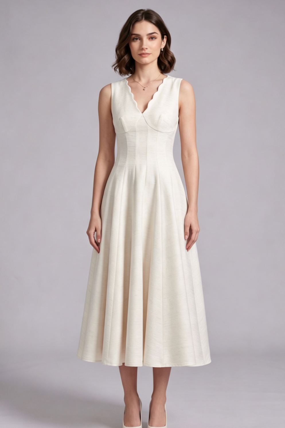 a2a29323761d124b3b51ed0d22f76765 IVORY TEXTURED A-LINE MIDI DRESS WEDDING GUEST
