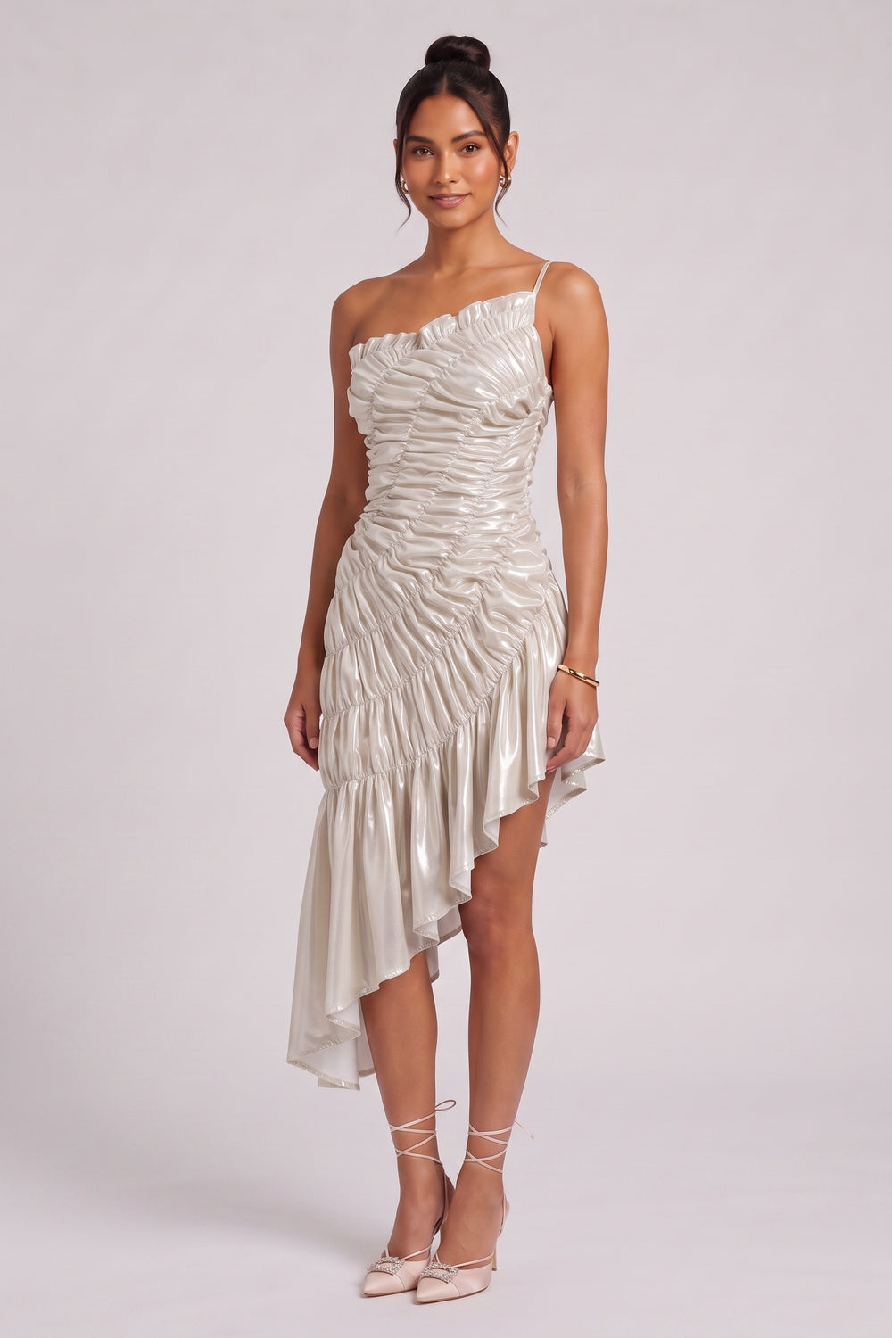a2a4c4e8bb9ac7a1 CHAMPAGNE GOLD RUCHED ASYMMETRIC COCKTAIL DRESS