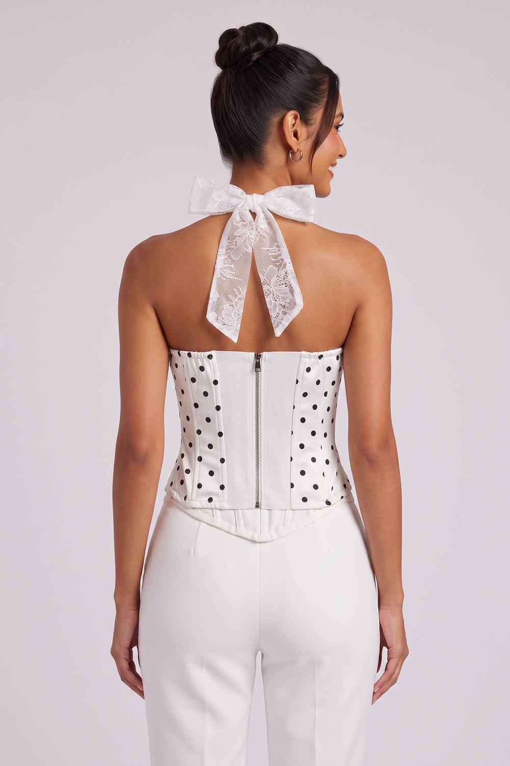 a3e6767c09c48472 WHITE POLKA DOT LACE HALTER CORSET TOP