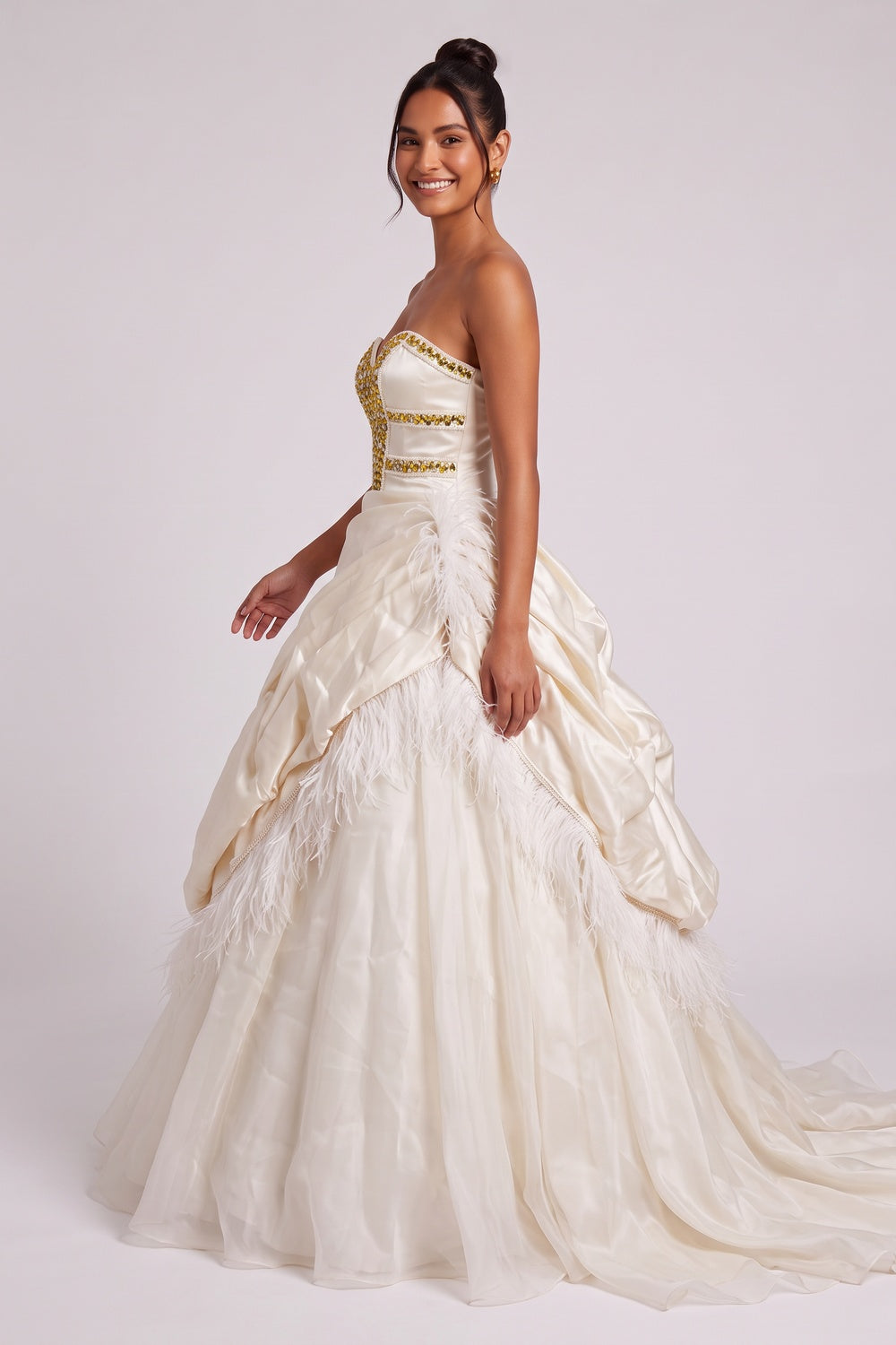 a420a22405c5edb2 CREAM SATIN BALL GOWN RHINESTONE FEATHER PROM