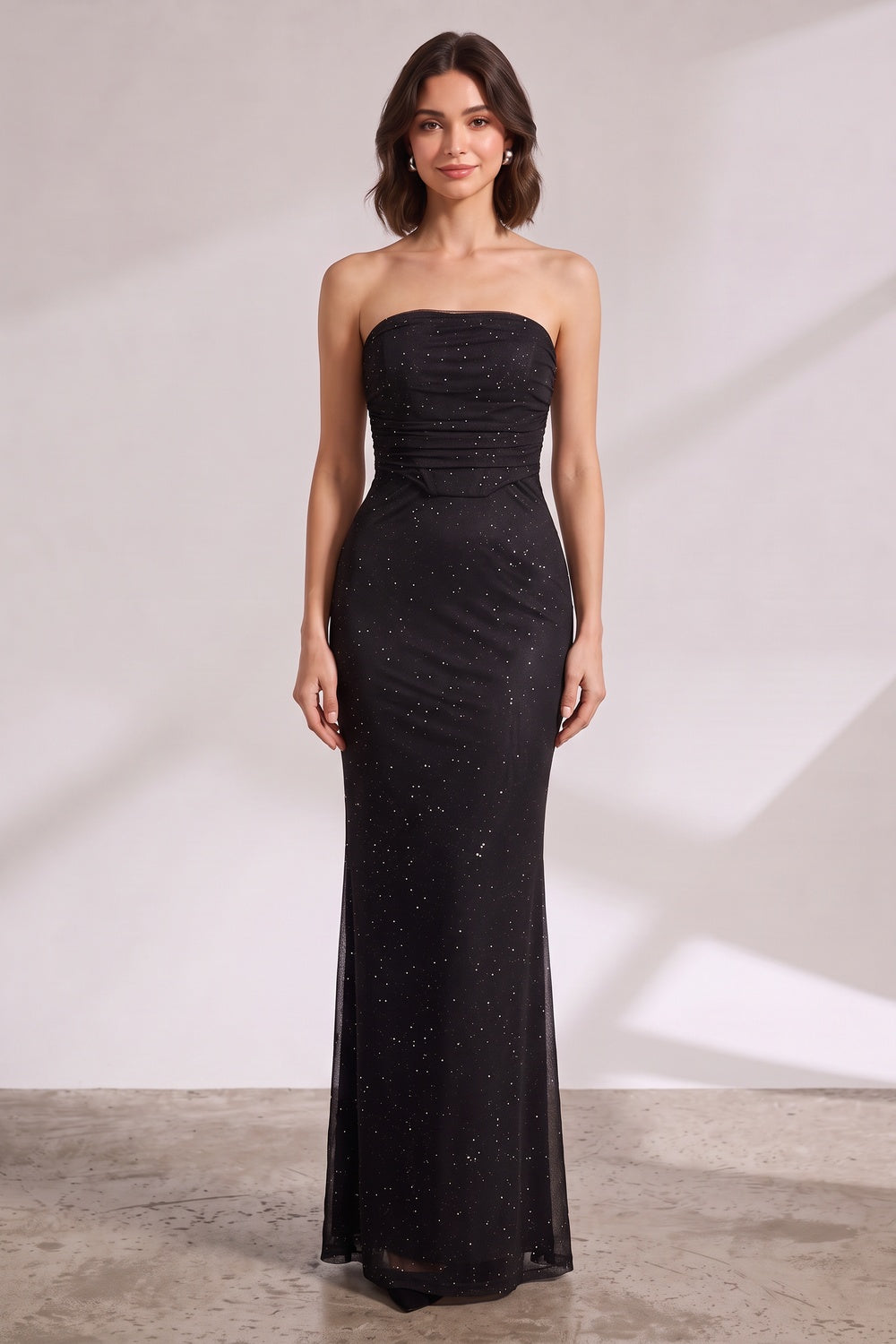 a469c27d8b457251 BLACK MESH FITTED COLUMN GOWN FORMAL EVENING