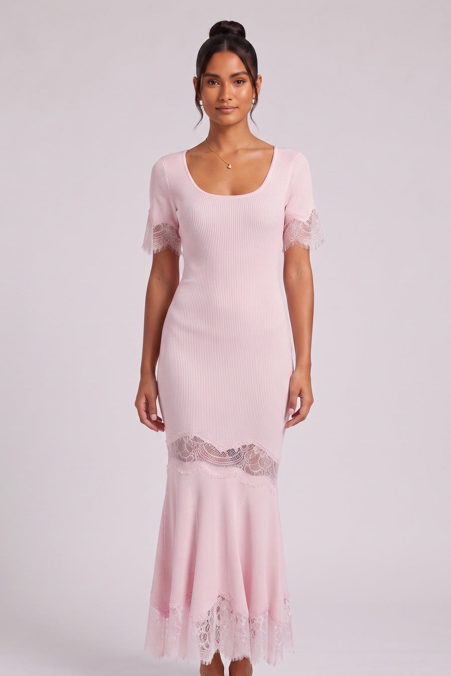 a591434999c048bd LIGHT PINK RIBBED MERMAID MAXI DRESS LACE FORMAL