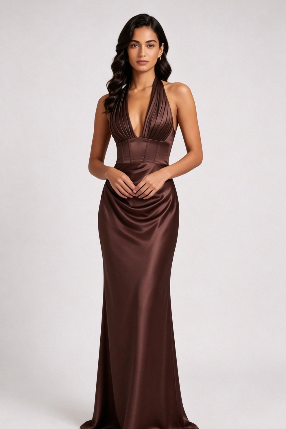 BROWN SATIN COLUMN GOWN - FORMAL EVENING