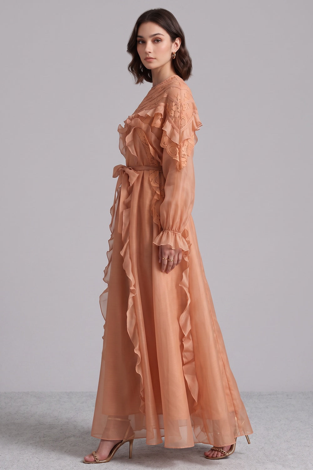 a66445dc44da36d4 PEACH SHEER ORGANZA A-LINE MAXI DRESS FOR WEDDINGS