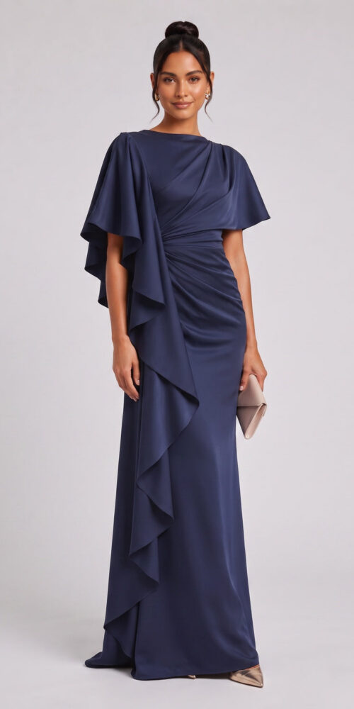 a69378d62cfcf9e0 NAVY SATIN COLUMN EVENING GOWN WITH CAPE SLEEVES