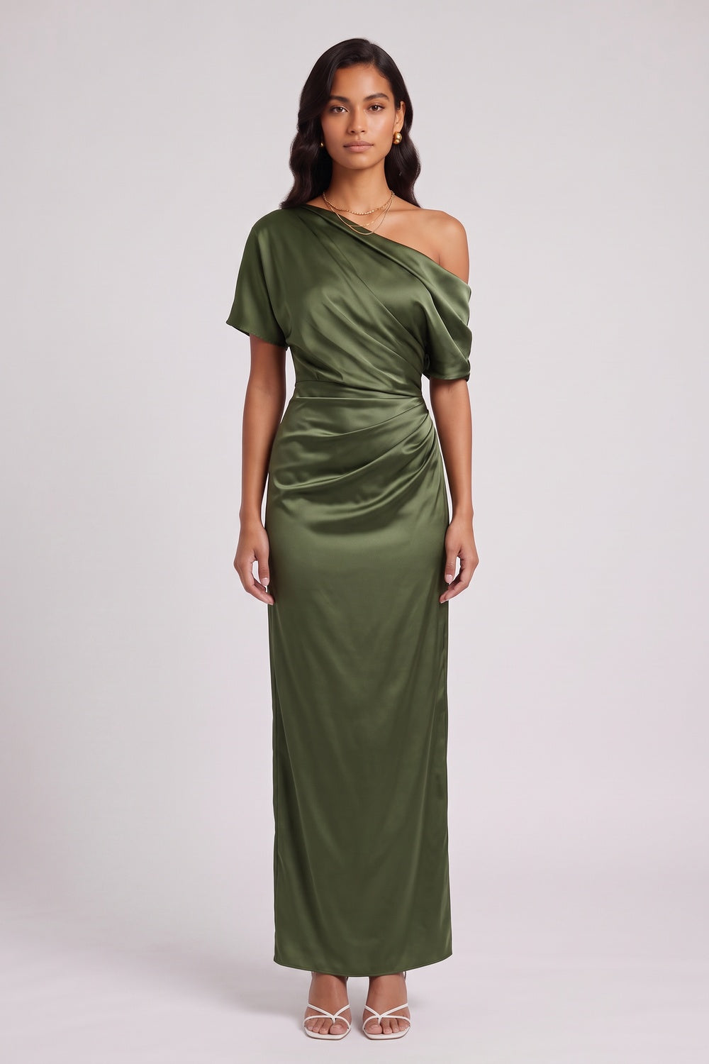 OLIVE SATIN COLUMN DRESS – FORMAL EVENING