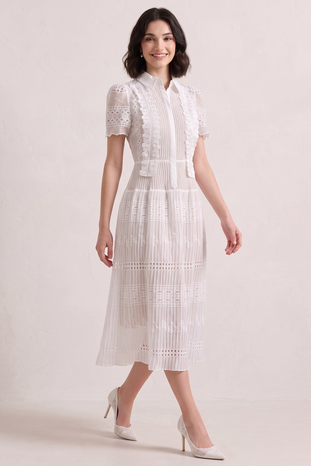a7f4b728154e7400 WHITE PLEATED LACE MIDI DRESS – WEDDING GUEST