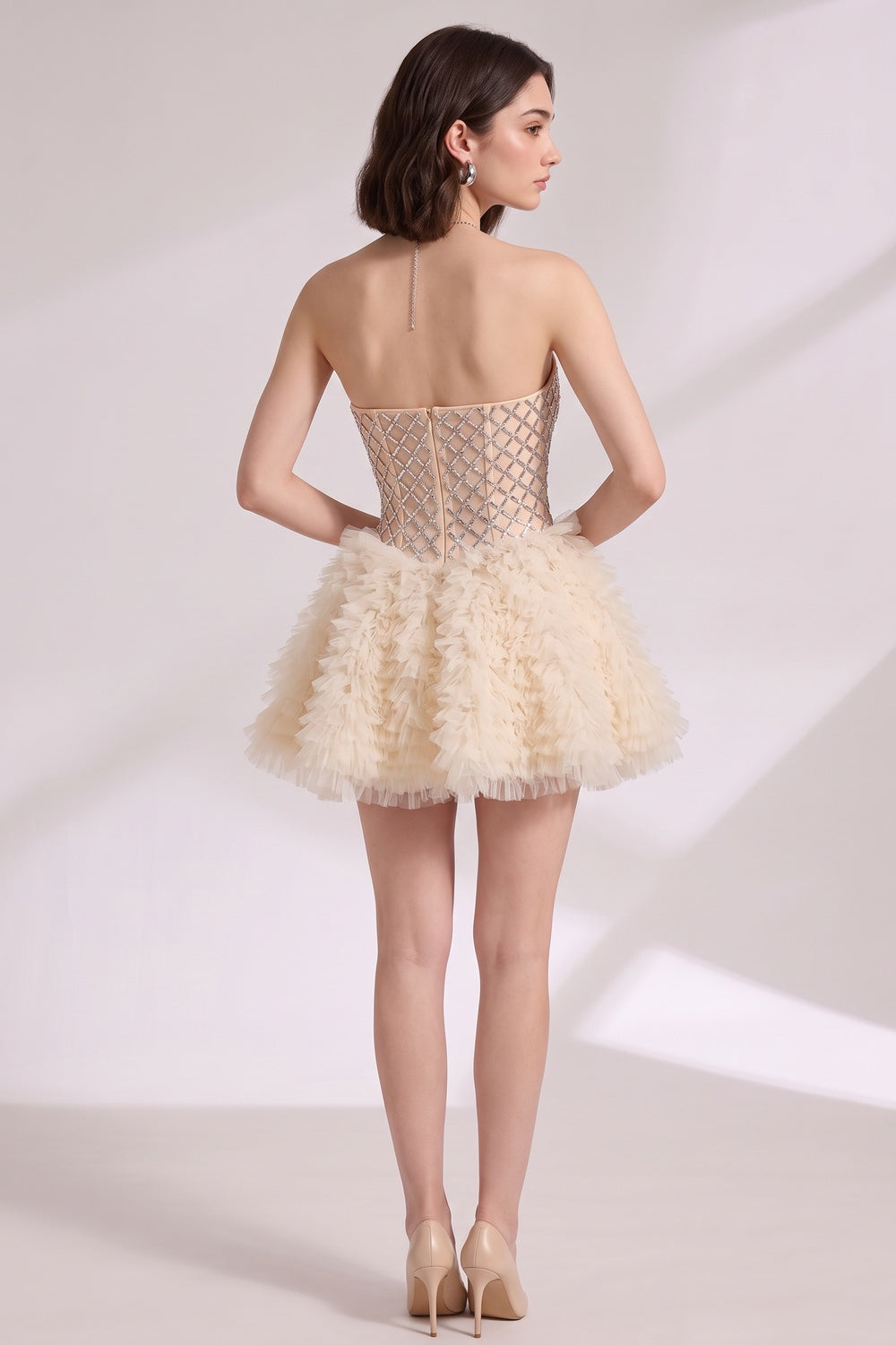 CHAMPAGNE TULLE FIT-AND-FLARE MINI DRESS