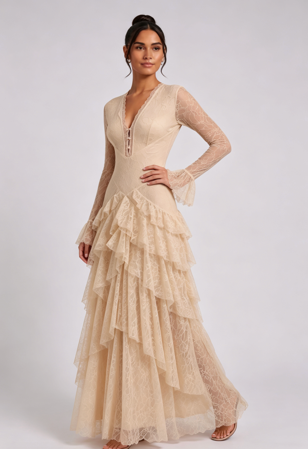 a9b73c520be1dc790f8b32bb64929a73 BEIGE FLORAL LACE FIT-AND-FLARE GOWN – FORMAL