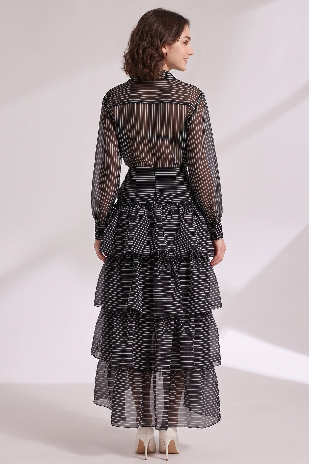 aa593e1ecb5222a2 BLACK SHEER ORGANZA FITTED TOP & TIERED MAXI SKIRT SET