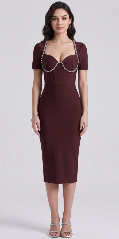 BURGUNDY BANDAGE BODYCON SHEATH DRESS